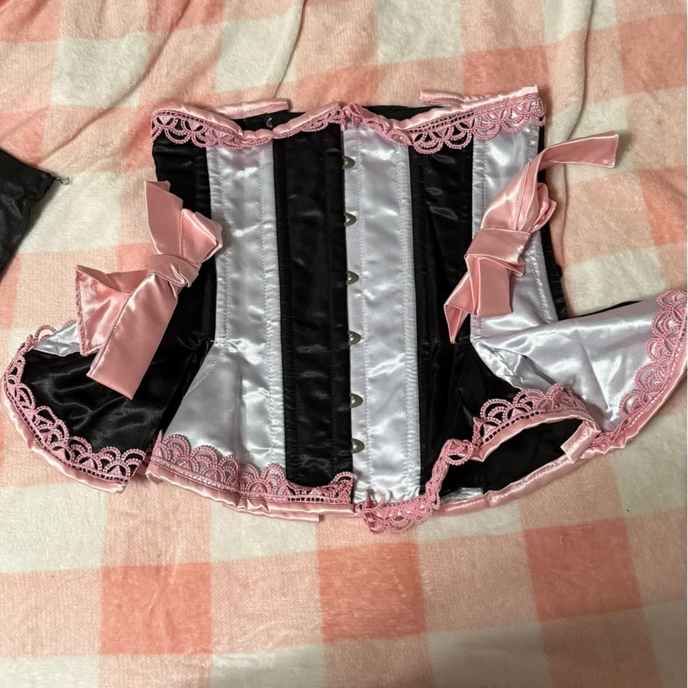 New Black and White Striped with Pink accents Boned Underbust corset - Picture 1 of 6